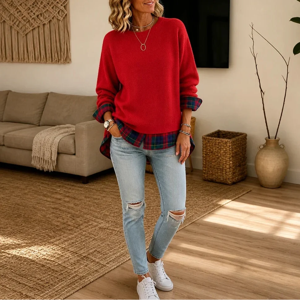 Plaidelle – Waffle Knit Plaid-Trim Crewneck Sweatshirt