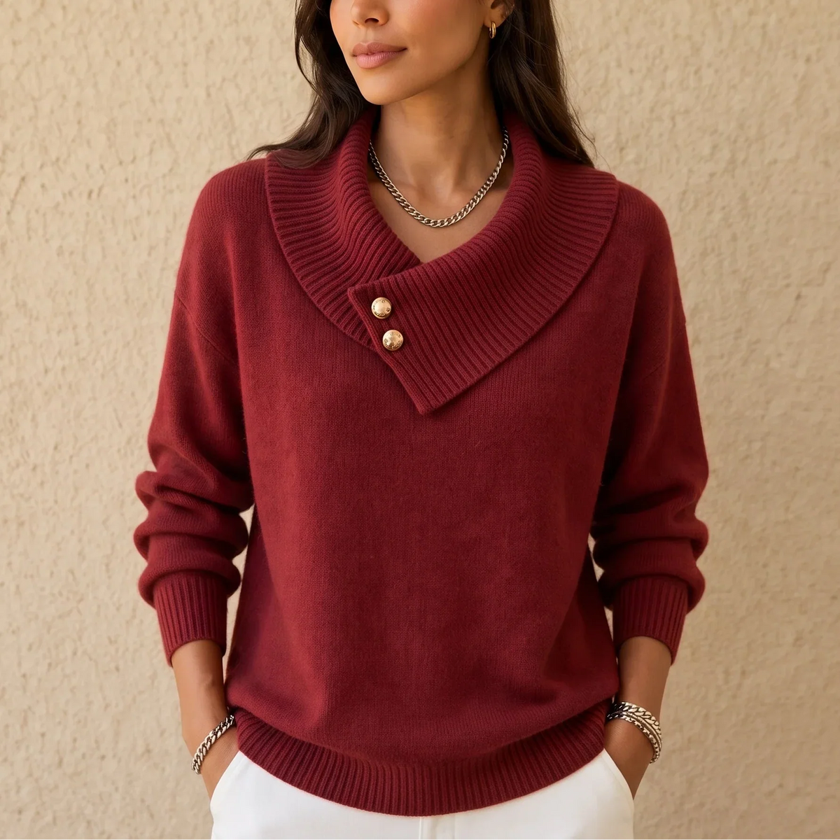 Foldelle – Asymmetrical Ribbed Collar Button Sweater