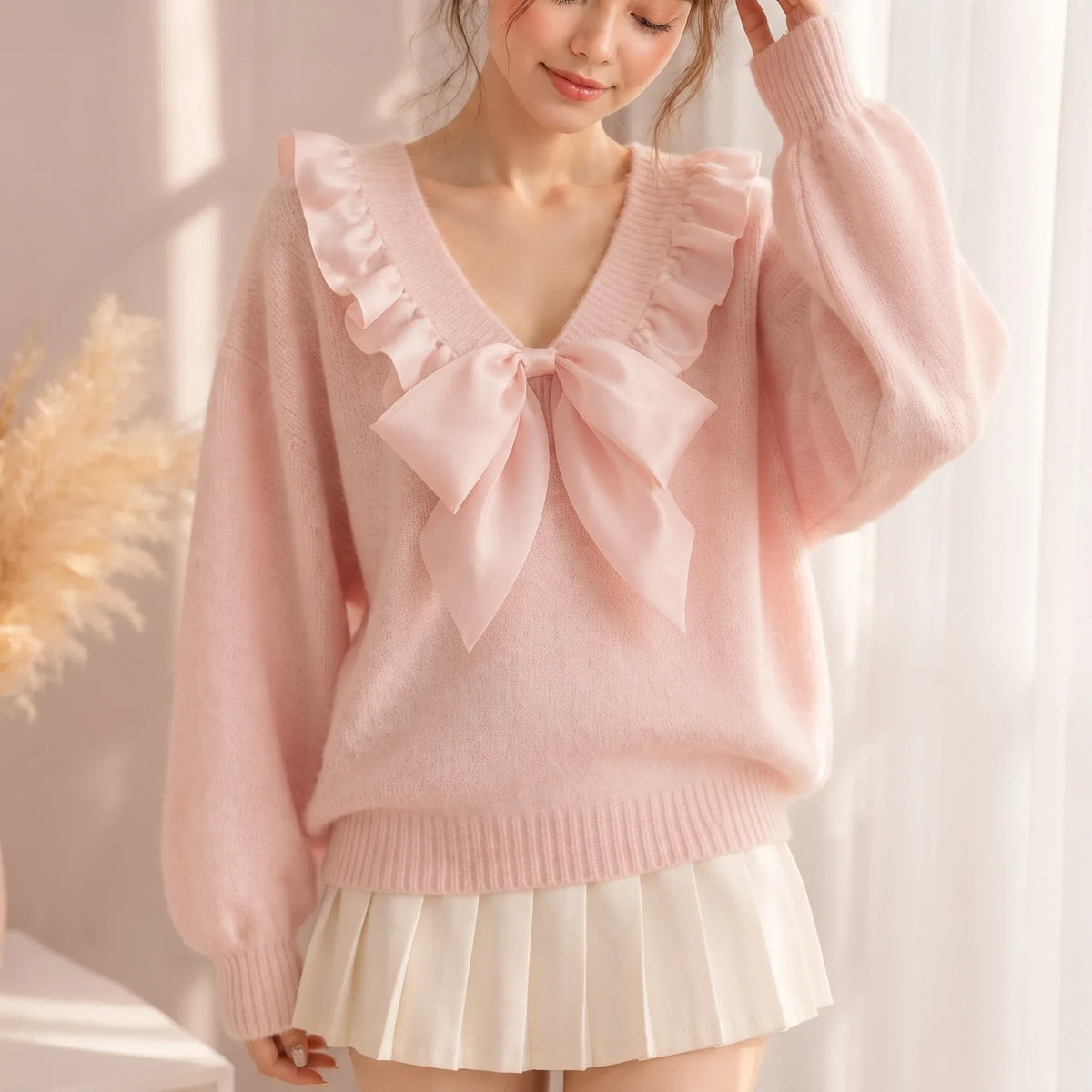 Bellavelle – Chiffon Ruffle Bow Knit Top