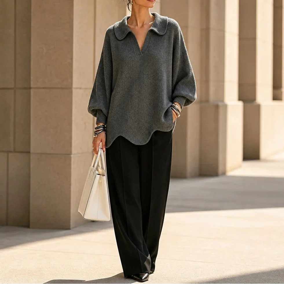Velluna – Scalloped Hem V-Neck Sweater
