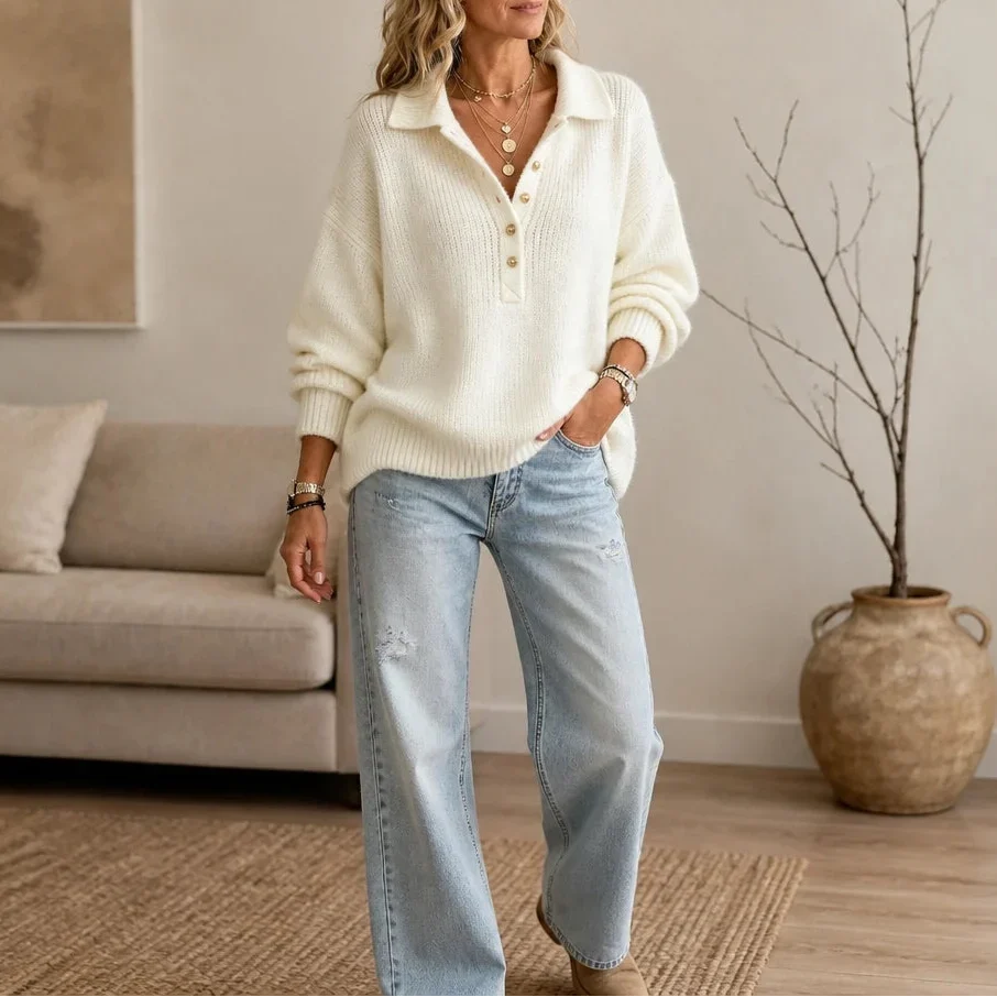Collar & Knit – Collared Loose-Knit Henley Sweater