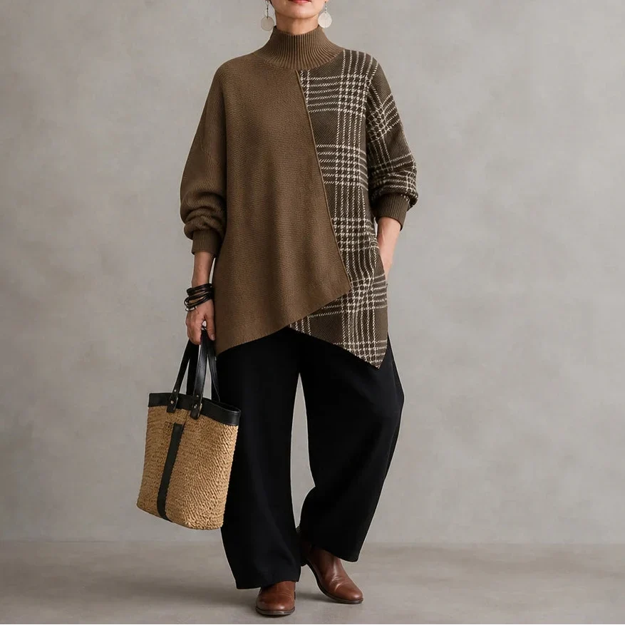 Plaidelle – Asymmetrical Plaid Panel Knit Sweater