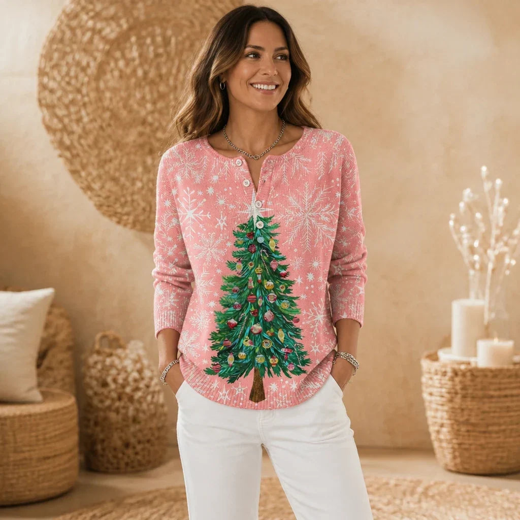 Holly Henley – Textured Christmas Tree Henley Sweater