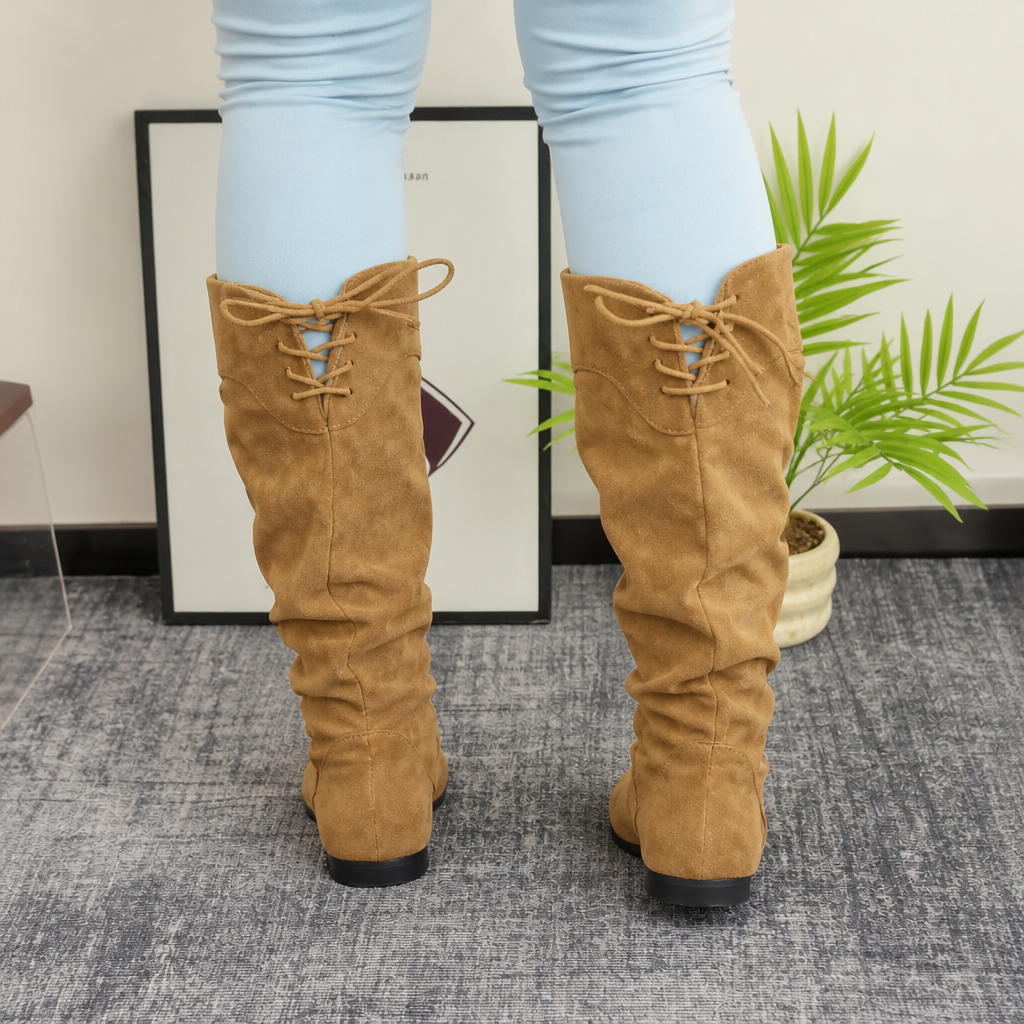 Slouch & Stroll – Lace-Up Slouchy Mid-Calf Boots