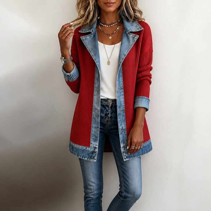 Ribova | Ribbed Knit Coat With Denim Panels