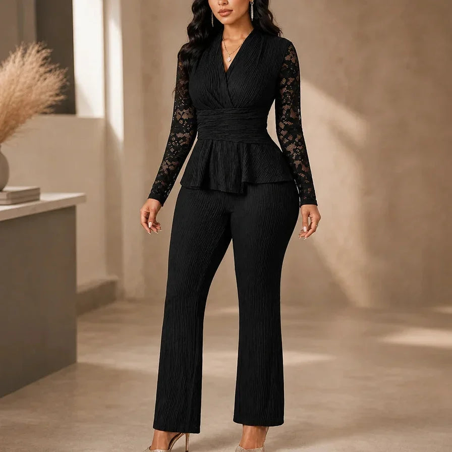 Vellora – Pleated Peplum Floral-Lace Two-Piece Pantsuit