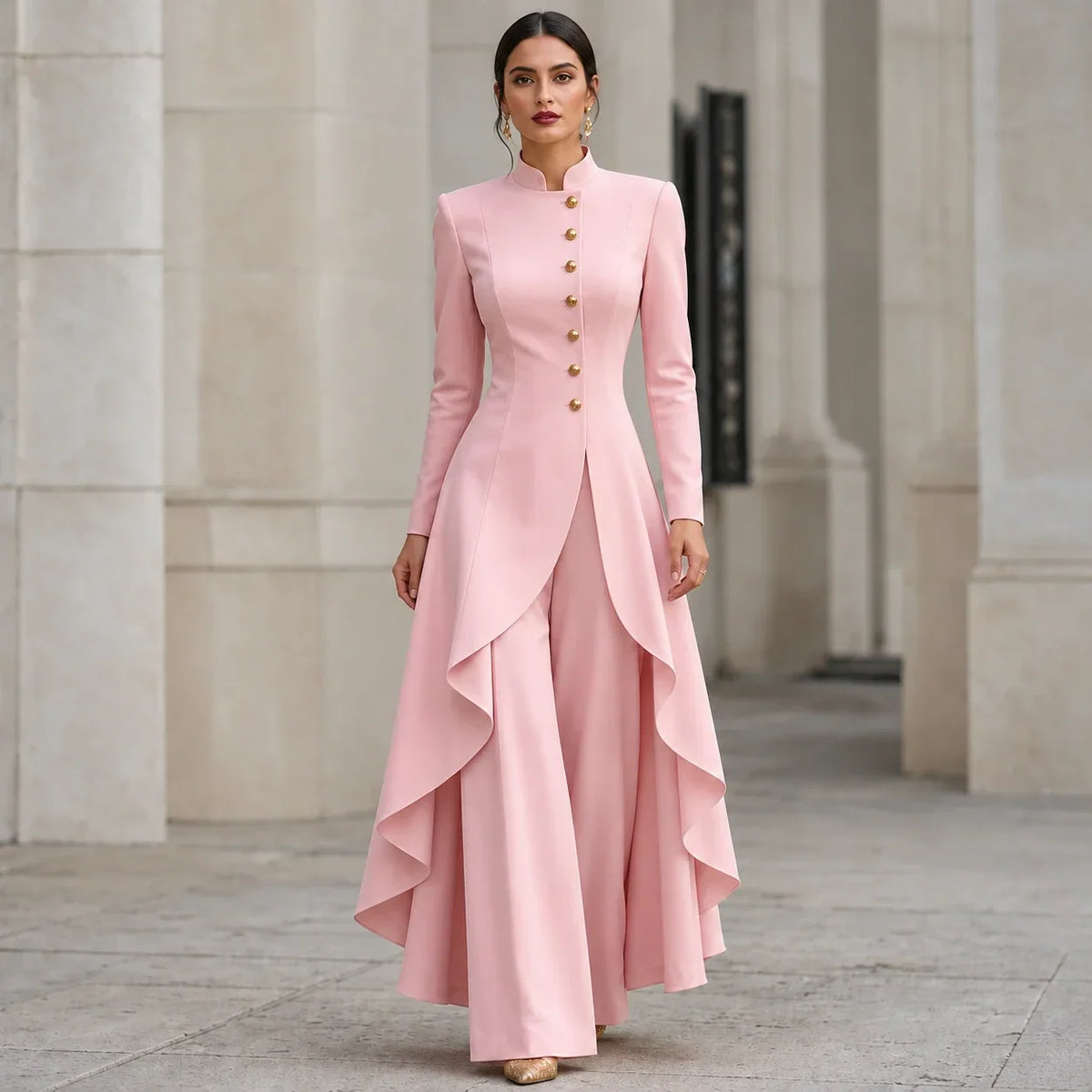 Vellora – Asymmetric Ruffled Tunic And Wide-Leg Pants Set