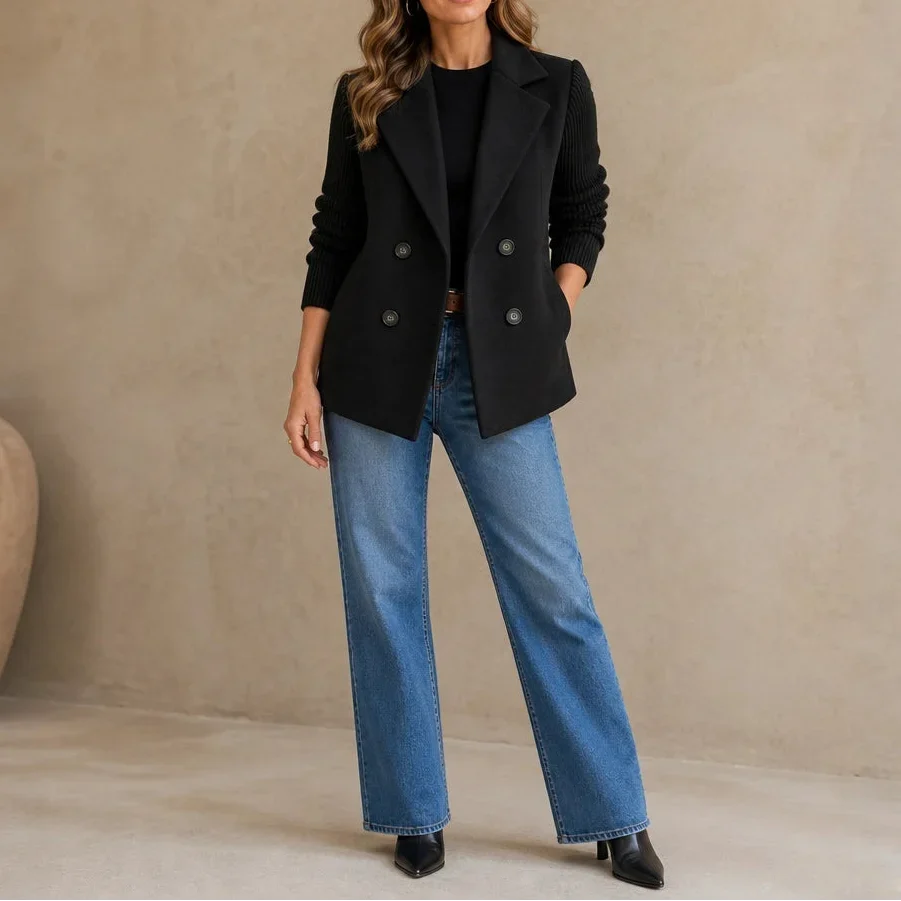 Celeste – Suede-Look Double-Breasted Knit-Sleeve Jacket