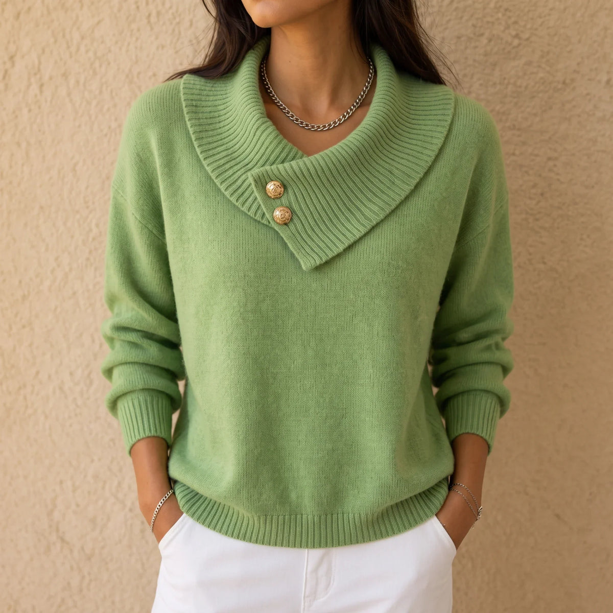 Foldelle – Asymmetrical Ribbed Collar Button Sweater
