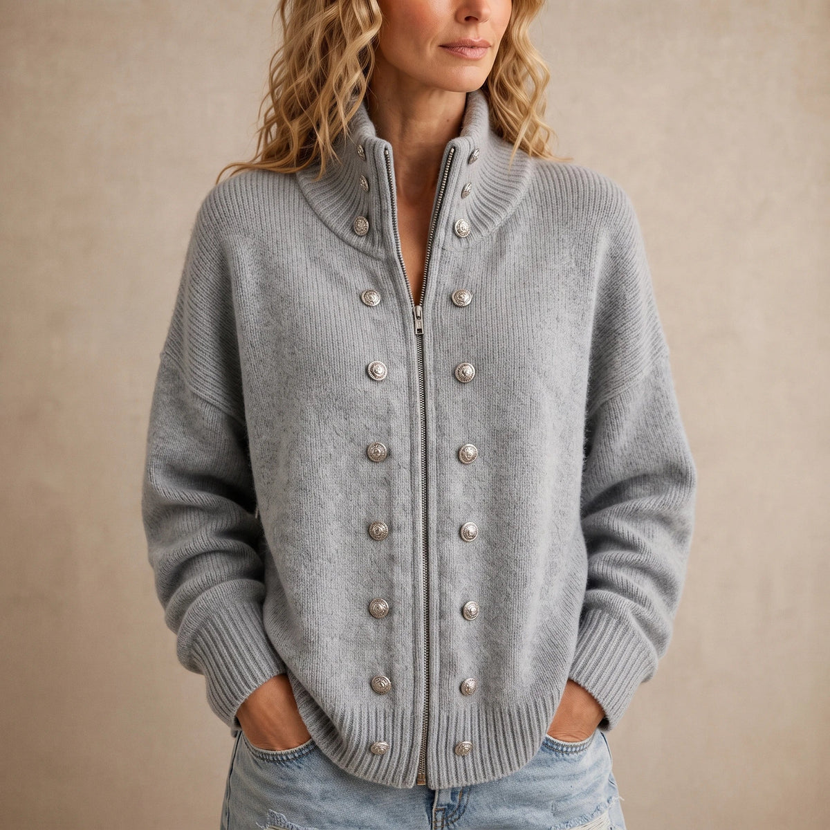 Wearbella – Double-Breasted Stand Collar Knit Cardigan