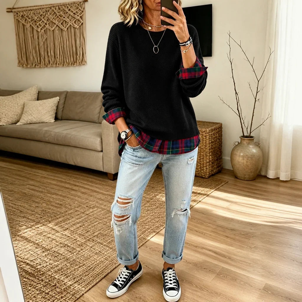 Plaidelle – Waffle Knit Plaid-Trim Crewneck Sweatshirt