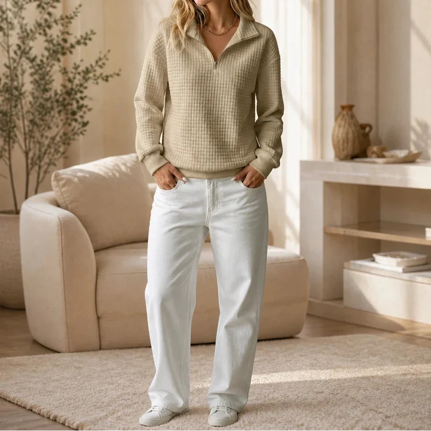 Quilted Ease – Quilted Half-Zip Knit Pullover