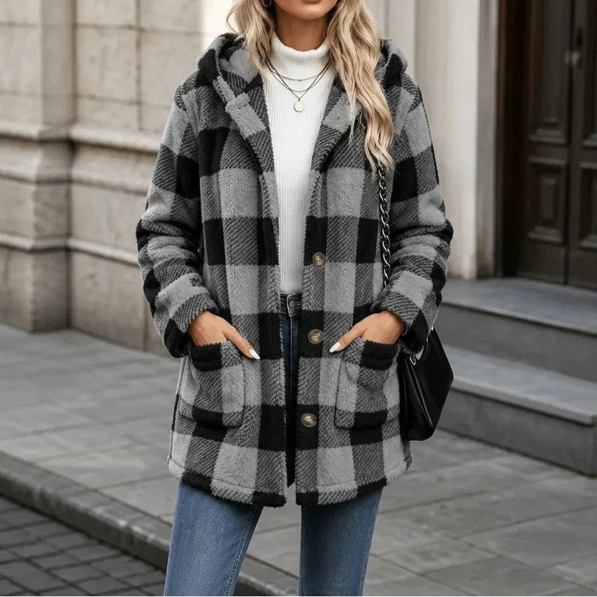 PlaidHaven – Buffalo Plaid Hooded Fleece Coat
