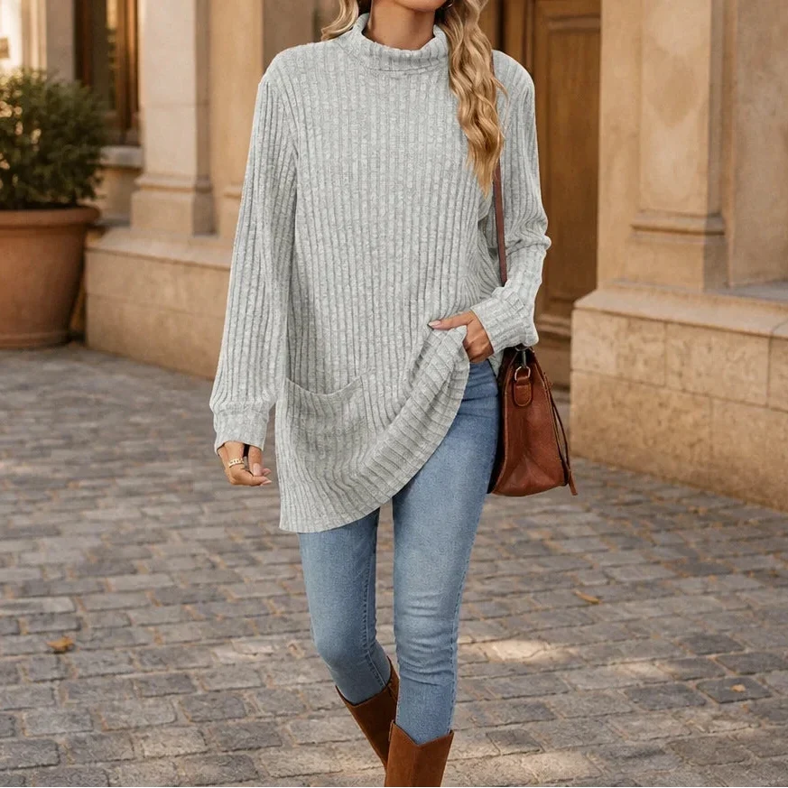 Cozyline – Ribbed Mock Neck Pocket Tunic