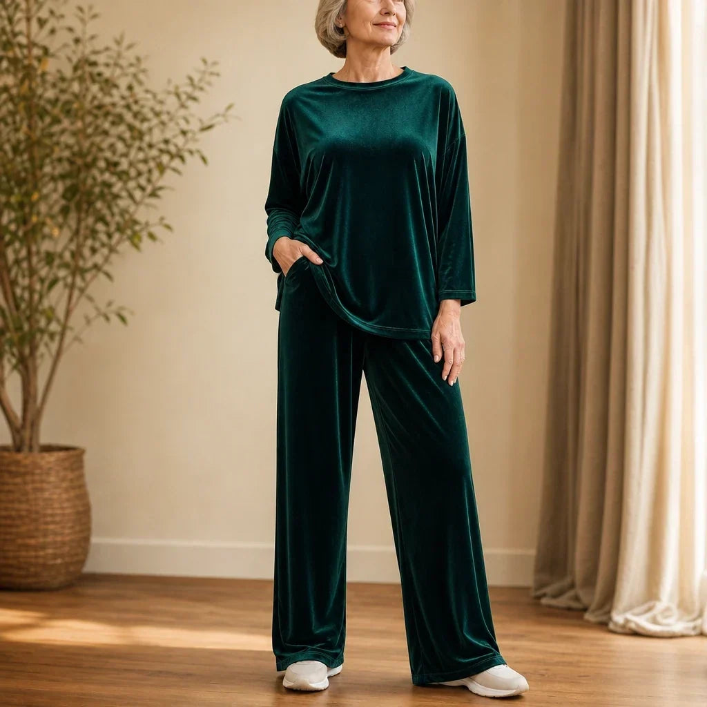 Veloura – Velvet-Look Long-Sleeve Top And Wide-Leg Pants Set