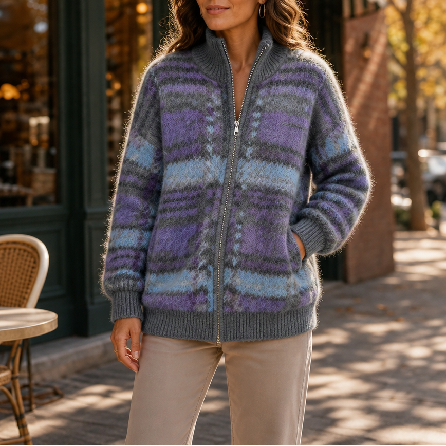 Checkermere – Plush Plaid Zip-Up High-Collar Cardigan