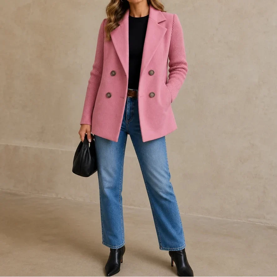 Celeste – Suede-Look Double-Breasted Knit-Sleeve Jacket