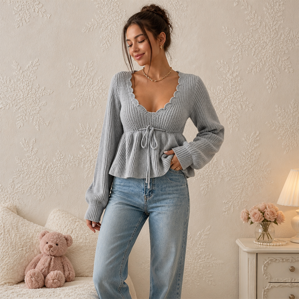 Vela Knit – Ribbed V-Neck Drawstring Sweater