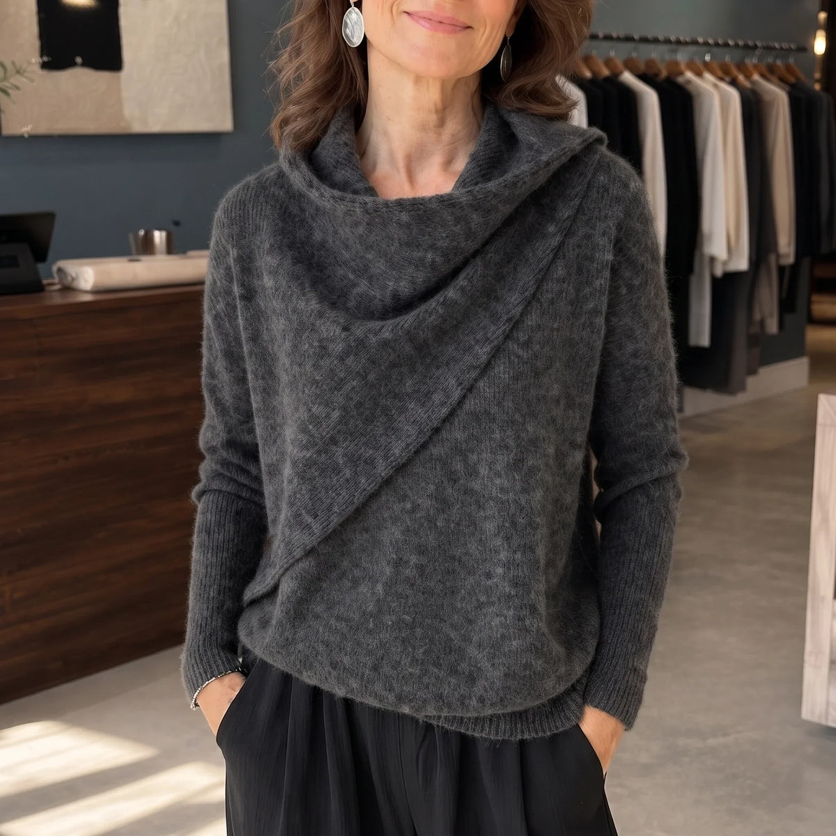 Cowlora – Draped Cowl-Neck Knit Pullover