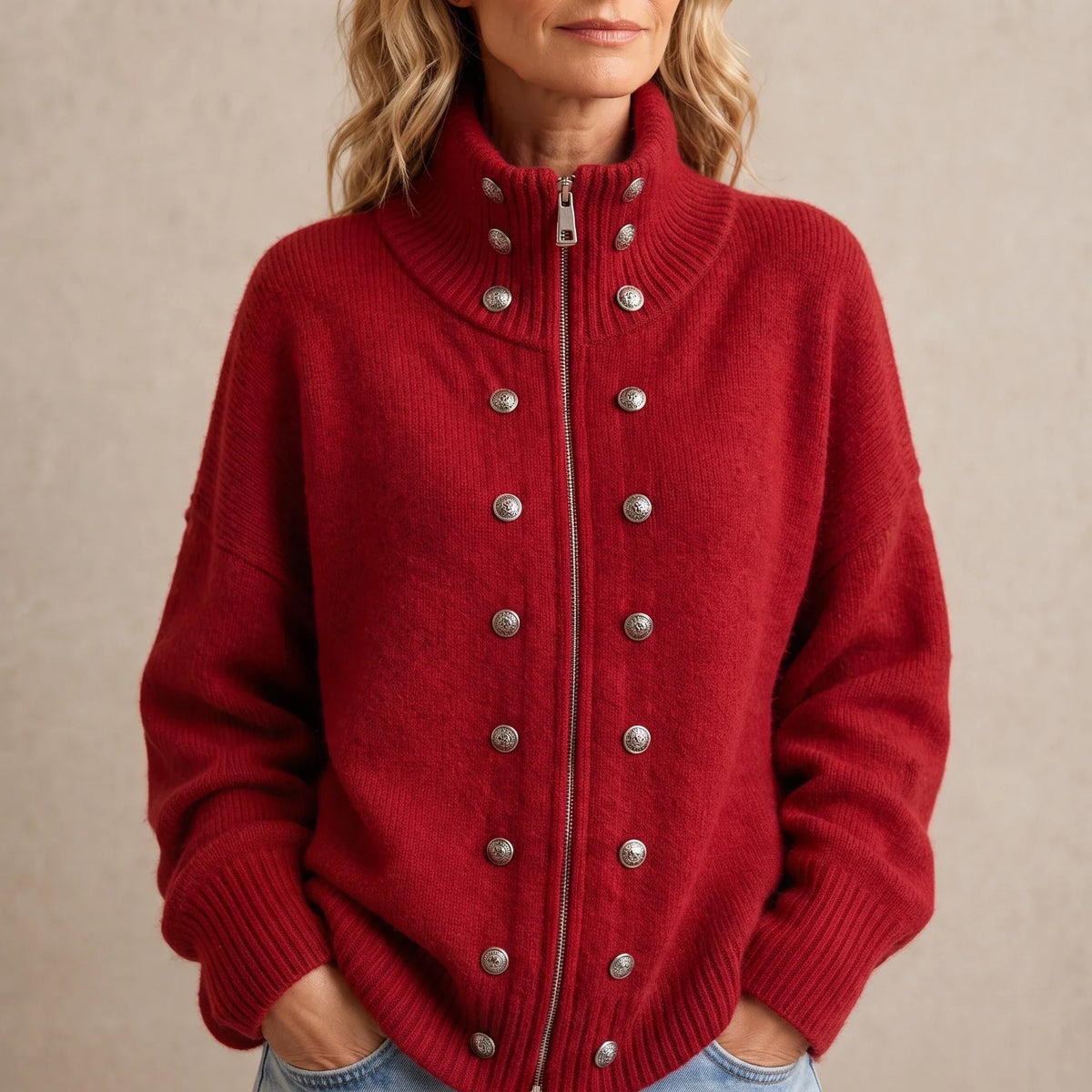 Wearbella – Double-Breasted Stand Collar Knit Cardigan