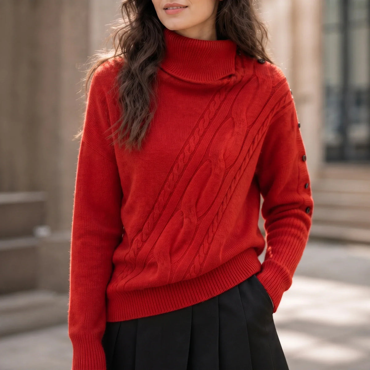 Drapella – Asymmetric Cable-Knit Button-Shoulder Sweater
