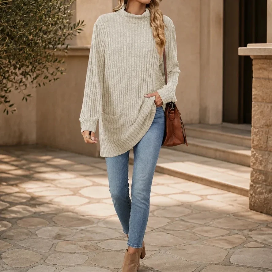 Cozyline – Ribbed Mock Neck Pocket Tunic