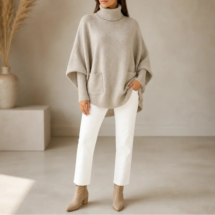 Veloura – Oversized Turtleneck Pocket Poncho Sweater