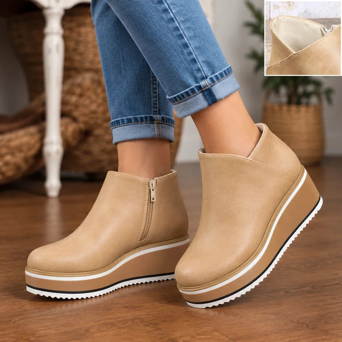 Colombe – Smooth Side-Zip Wedge Ankle Boots