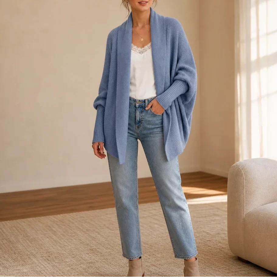 Drapeelle – Textured Batwing Open-Front Knit Cardigan
