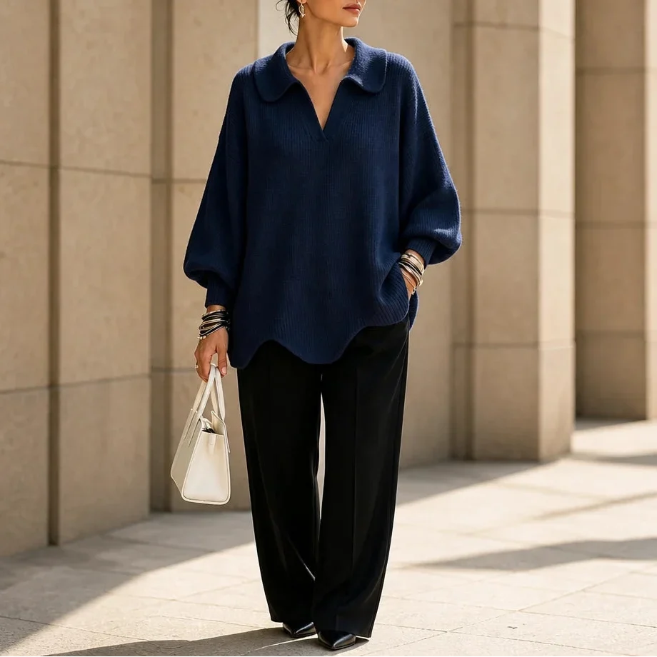 Velluna – Scalloped Hem V-Neck Sweater