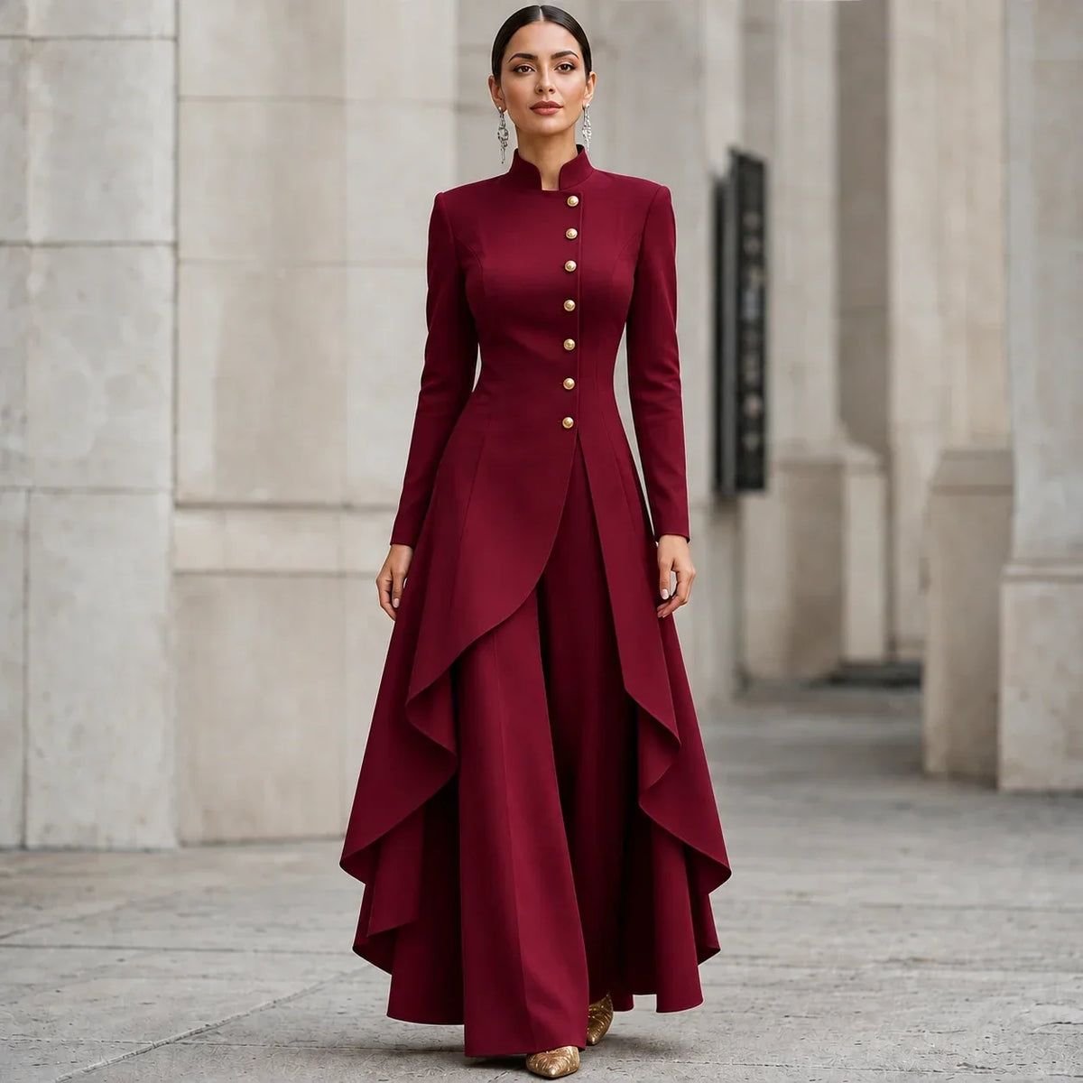 Vellora – Asymmetric Ruffled Tunic And Wide-Leg Pants Set