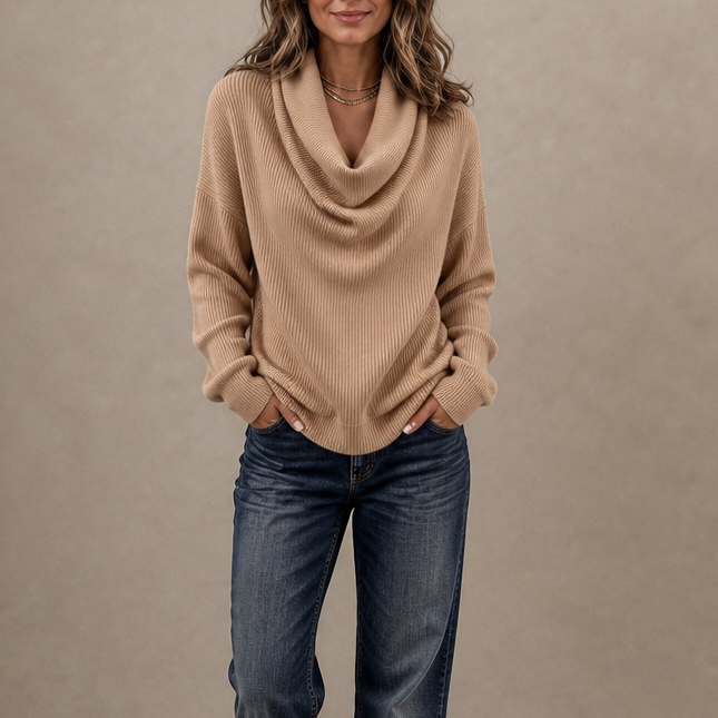 Ribella – Ribbed Draped Cowl-Neck Knit Top