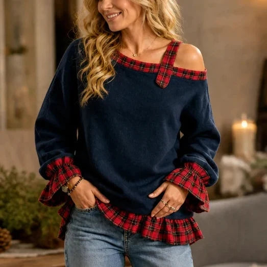 Plaidella – Plaid Ruffle Off-Shoulder Sweatshirt