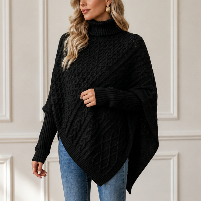 Cablelle – Asymmetric Cable-Knit Turtleneck Poncho