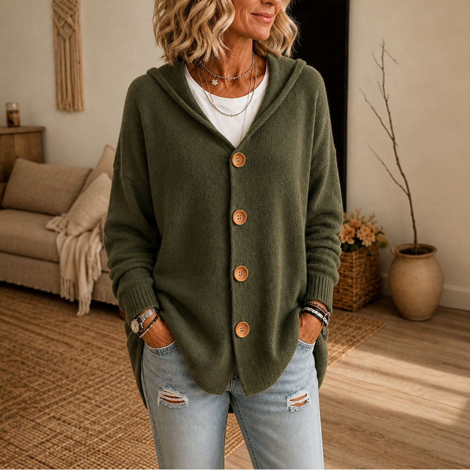 Hoodwell – Hooded Button-Front Knit Cardigan