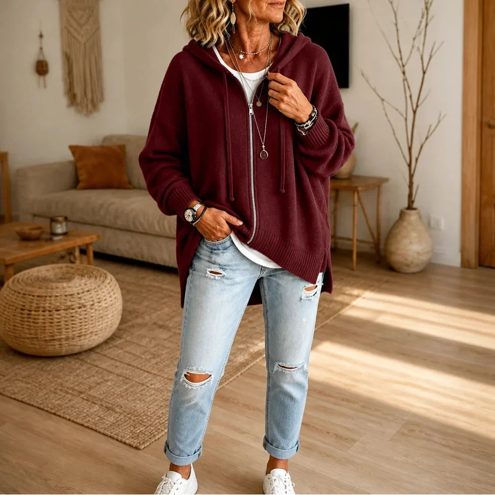 Cozyline – Zip-Front Hooded Knit Cardigan