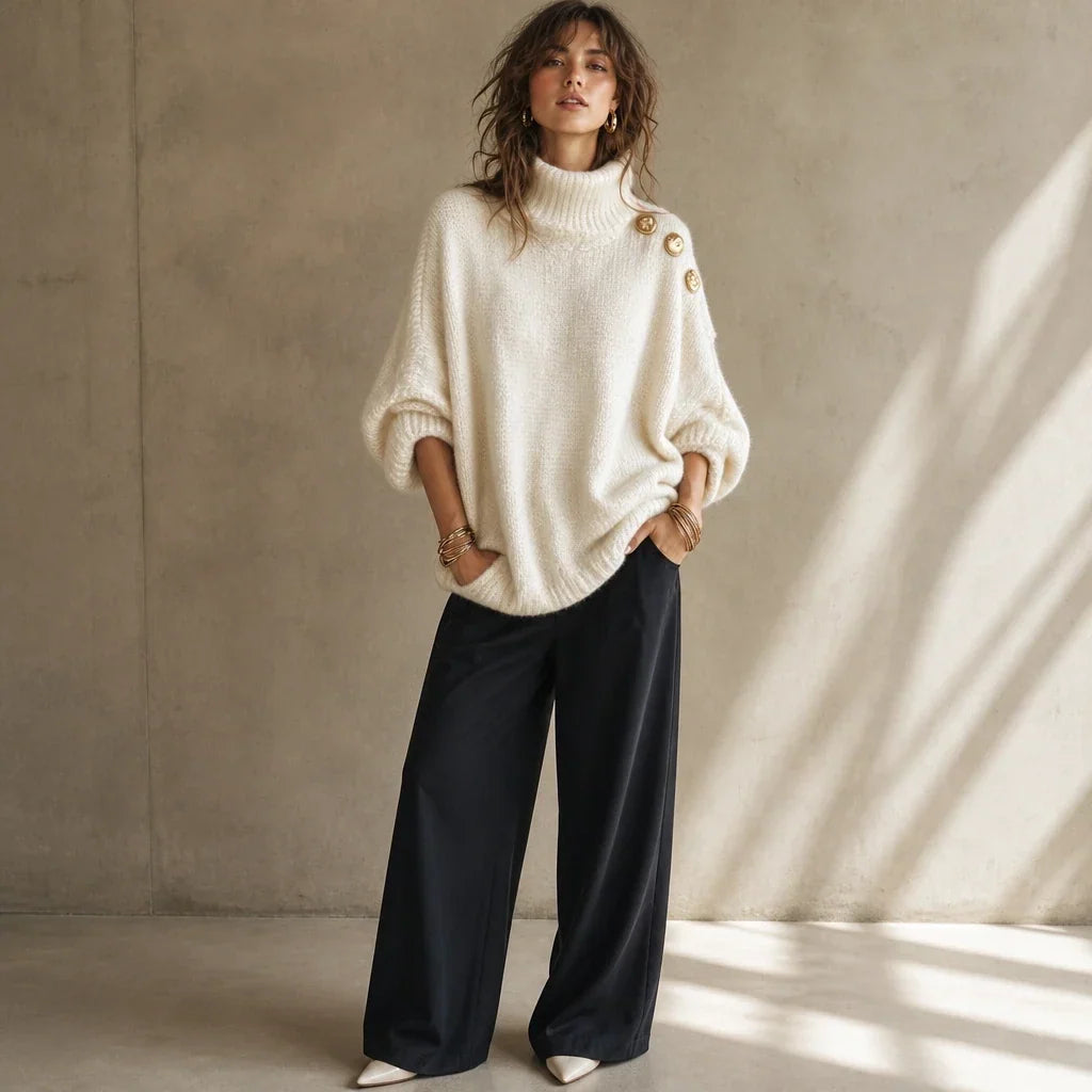 Aurelle – Gold Button Shoulder Knit Turtleneck Sweater