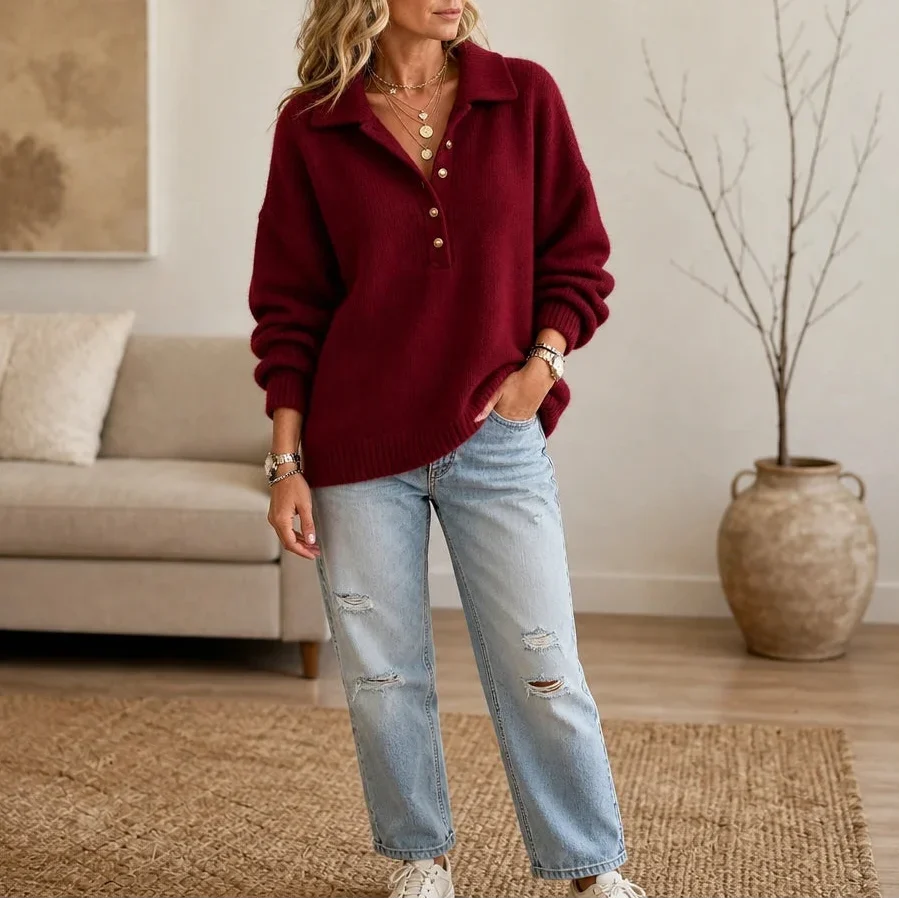 Collar & Knit – Collared Loose-Knit Henley Sweater