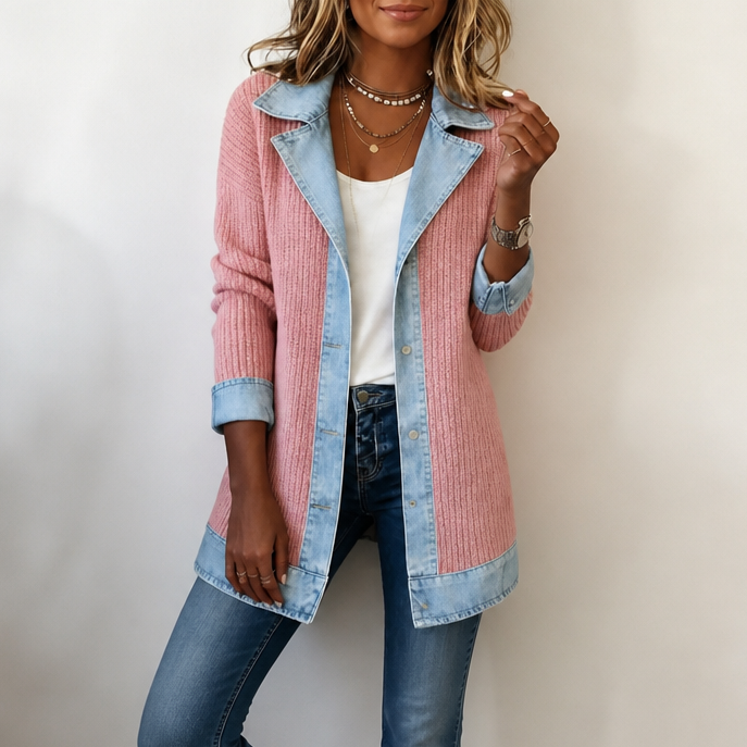 Ribova | Ribbed Knit Coat With Denim Panels