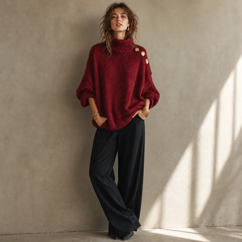 Aurelle – Gold Button Shoulder Knit Turtleneck Sweater