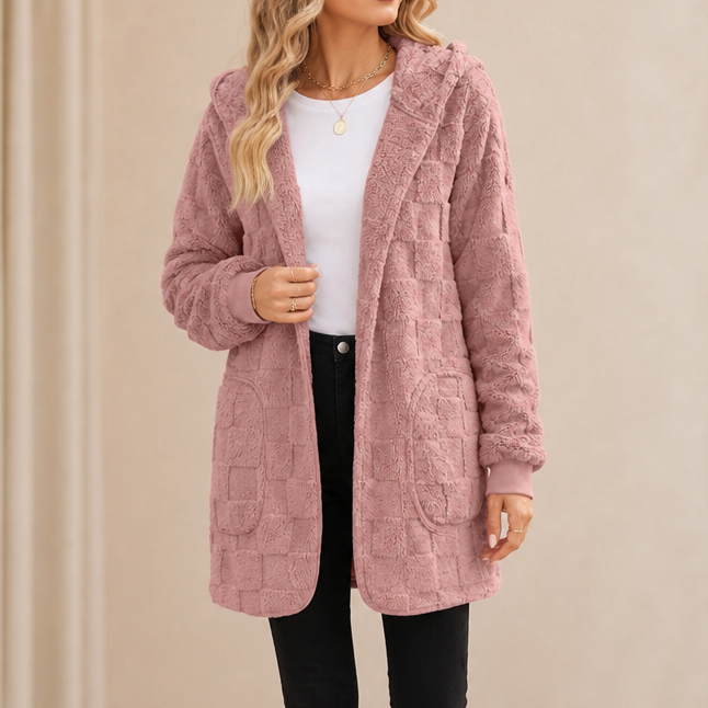 Checkora – Fluffy Checked Open-Front Cardigan