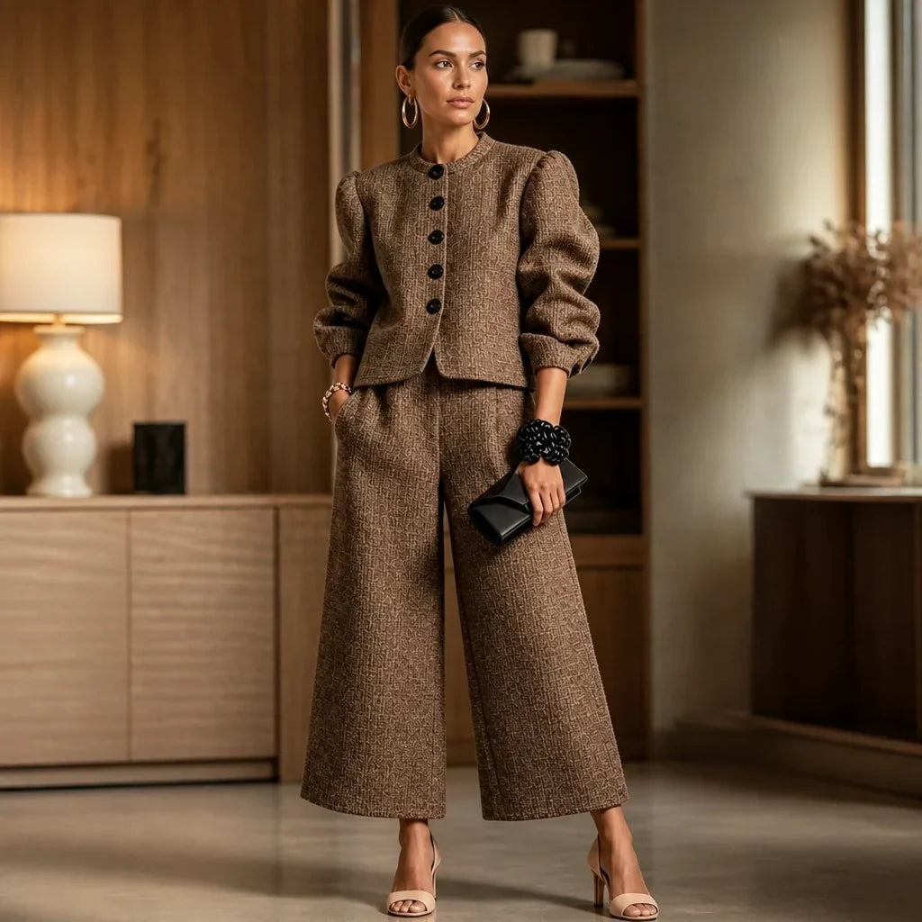 Maison Tweed – Button-Front Bouclé Puff-Sleeve Pants Set