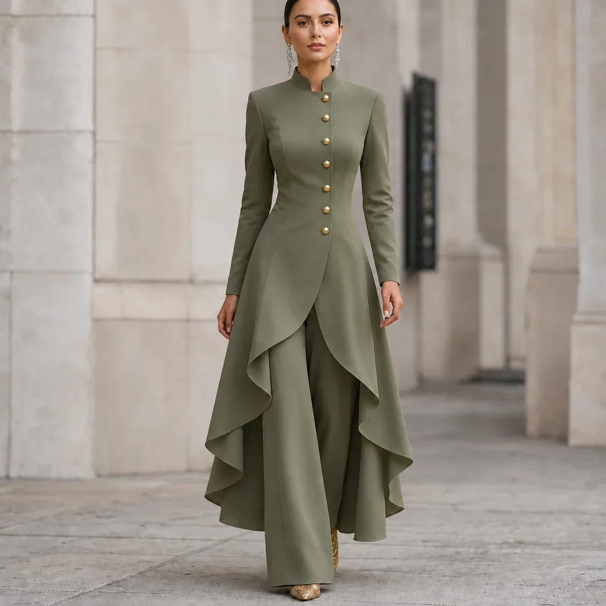 Vellora – Asymmetric Ruffled Tunic And Wide-Leg Pants Set