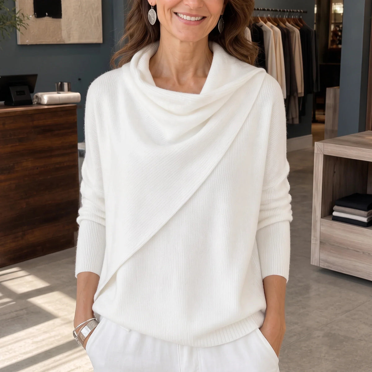 Cowlora – Draped Cowl-Neck Knit Pullover