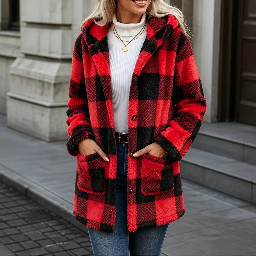 PlaidHaven – Buffalo Plaid Hooded Fleece Coat