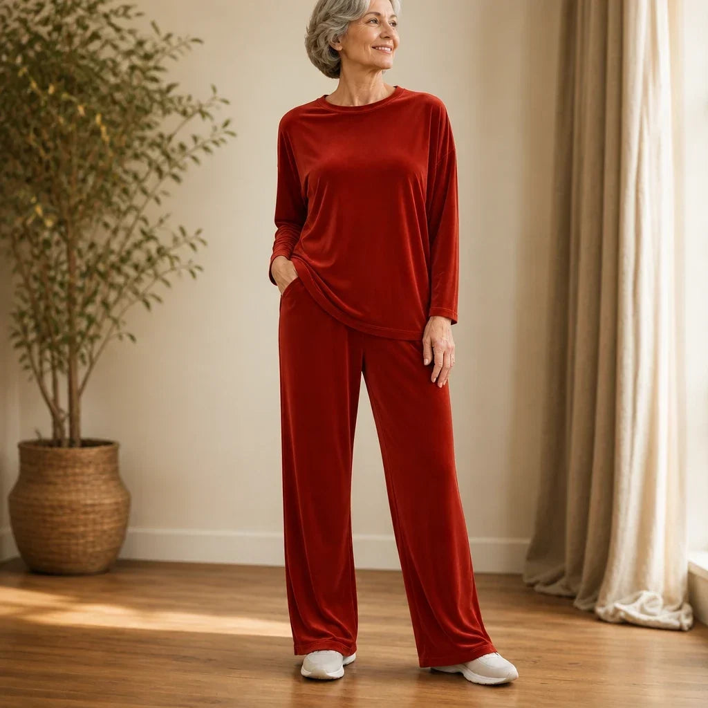 Veloura – Velvet-Look Long-Sleeve Top And Wide-Leg Pants Set