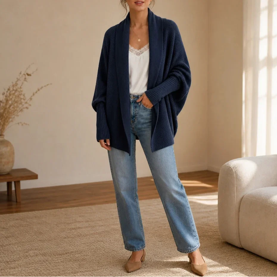 Drapeelle – Textured Batwing Open-Front Knit Cardigan
