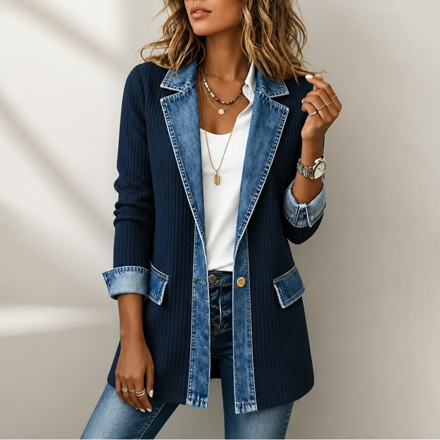 Ribova | Ribbed Knit Coat With Denim Panels