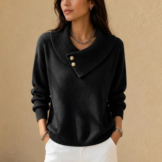 Foldelle – Asymmetrical Ribbed Collar Button Sweater