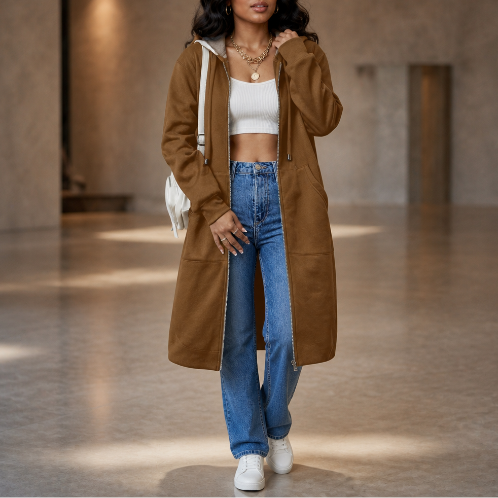 Cozyline – Fleece-Lined Tunic-Length Zip-Up Hoodie